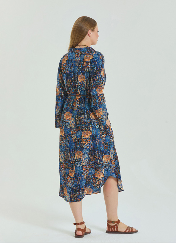 Shirt Collar Belt Detailed Blue Bohemian Plus Size Dress 4613